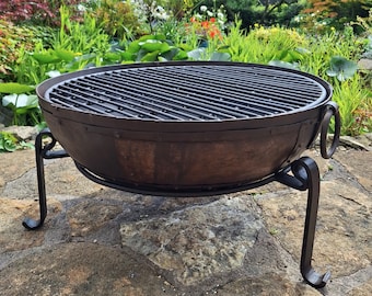 60cm Fire Pit / Fire Bowl - Handmade Indian Kadai BBQ With Stand & Grill - Free Express UK Delivery