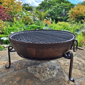 60cm Fire Pit / Fire Bowl - Handmade Indian Kadai BBQ With Stand & Grill - Free Express UK Delivery