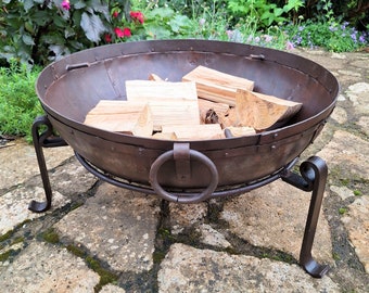 70cm Fire Pit / Fire Bowl - Handmade Indian Kadai BBQ With Stand & Grill - Free Express UK Delivery