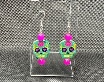 Kolczyki z czaszką cukrową, biżuteria z okazji Dia De Los Muertos, wiszące kolczyki z okazji Dnia Zmarłych, kolorowa biżuteria z czaszką, ręcznie robione akcesoria na Halloween