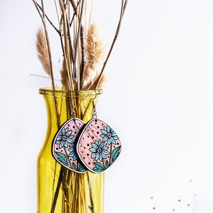 Flower Earrings | Hand Painted  | Boho Style | Detailed Engraved | Lightweight | Natural Wood | Floral Earrings | Gift for Her