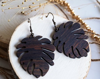 Wooden Leaf Earrings | Boho Style | Monstera Earrings | Plant Leaf Earring | Lightweight | Natural Wood | Rustic Style | Gift for Her