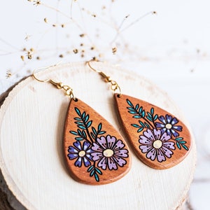 Flower Dangle Earrings | Hand Painted  | Boho Style | Detailed Engraved | Lightweight | Natural Wood | Floral Earrings | Christmas Gift