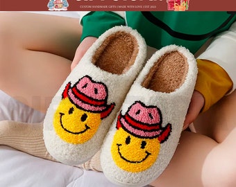 Cowboy Smiley Face Slippers | Fluffy Cushion Sliders | Cute Womens Comfortable Shoes | Smily Cartoon | Winter Indoor Slides | Embroidered