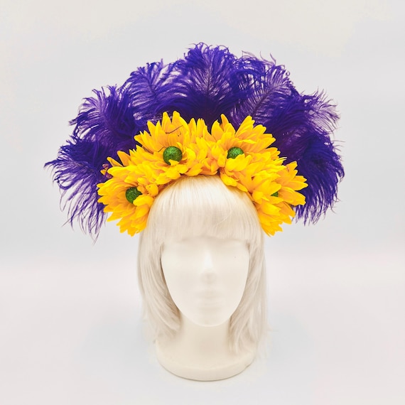 Purple Feather & Yellow Flower Headdress: Mardi Gras Goddess  display picture 2