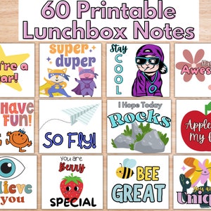 60 Printable Lunch box Notes - Notes for Kids - LunchBox Card - Positive Notes - 8.5 x 11