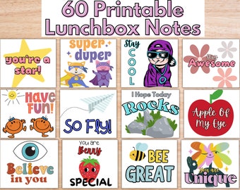60 Printable Lunch box Notes - Notes for Kids - LunchBox Card - Positive Notes - 8.5 x 11