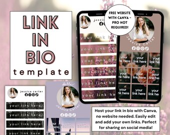 Puede incluir: Una plantilla digital para un enlace en la biografía de redes sociales, con un diseño rosa claro y blanco. La plantilla incluye una maqueta de teléfono con un diseño de cuadrícula para enlaces y el texto "LINK IN BIO template". La imagen también incluye el texto "FREE WEBSITE WITH CANVA - PRO NOT REQUIRED!"