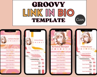 Puede incluir: Cuatro maquetas de pantalla de teléfono con un diseño groovy rosa y naranja. Cada maqueta presenta el rostro de una mujer y el texto "Kristen Harper" con enlaces a plataformas de redes sociales. El texto "Your Link Here" se repite varias veces en cada maqueta.