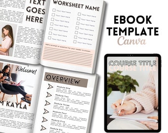 May include: Ebook template design with the text "EBOOK TEMPLATE Canva". The design includes pages with the text "TEXT GOES HERE", "WORKSHEET NAME", "OVERVIEW", and "COURSE TITLE". The image also shows a person writing on a tablet.