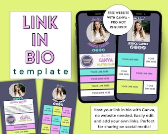 Puede incluir: Una plantilla para una página de enlace en bio en las redes sociales. La plantilla está diseñada para ser utilizada con Canva y presenta un diseño colorido con una foto de una mujer, iconos de redes sociales y espacio para enlaces. El texto "Únete a la clase magistral de Canva" está incluido en la plantilla.