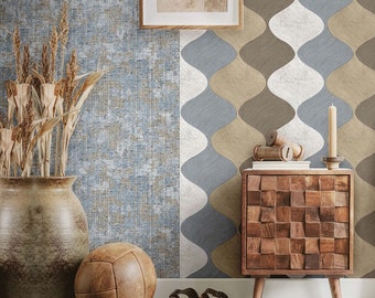 Moroccan Inspired Geometric Wallpaper Blue and Brown 3D Textured Wallcovering