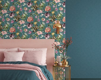 Fondo de pantalla de acuarela botánica de orquídeas florales, hojas de grean rosa, suelo verde azulado, fondo de pantalla 3D de acuarela Art Déco