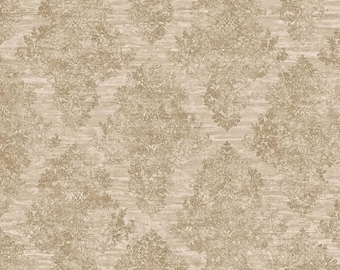 May include: A seamless pattern featuring a repeating damask design in shades of beige and brown. The pattern has a textured appearance, with floral and scroll-like motifs. The overall aesthetic is vintage and elegant, suitable for wallpaper or fabric.
