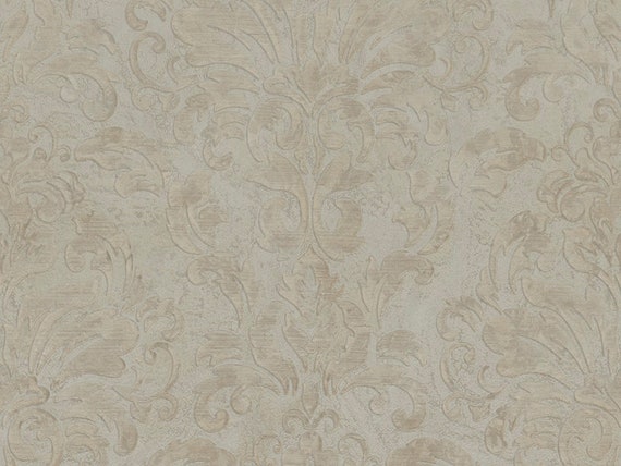 Carta da parati damascata beige goffrata, rivestimento murale con