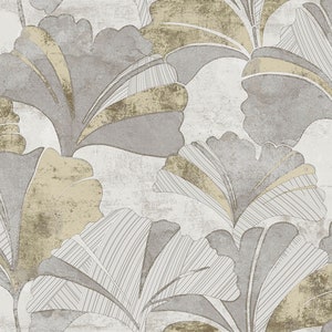Carta da parati capelvenere con foglie di ginkgo, oro, beige, grigio, argento, strutturato, rivestimento murale 3D