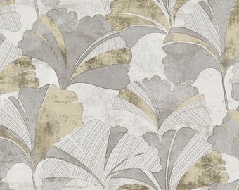 Maidenhair Ginkgo Leaf Wallpaper Gold Beige Gray Silver Textured 3D Wallcovering