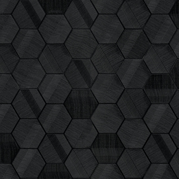 Contemporary Modern Hexagon Pattern Black Textured Thick Faux Grasscloth Feature Wallpaper 3D Geometric Wallcoverings