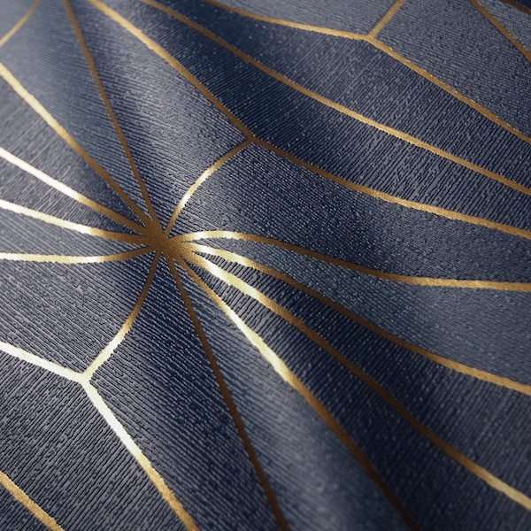 Gold Geometric Diamond Pattern Blue 3D Textured Wallpaper