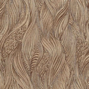 May include: A close-up of a textured, brown wallpaper with a repeating pattern of flowing, organic shapes. The design features a series of vertical, wave-like forms with intricate details and varying textures, creating a sense of depth.