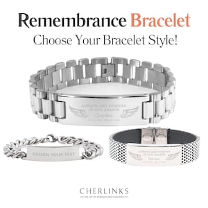 May include: Two silver bracelets with engraved messages. The first bracelet has a silver chain with a rectangular tag that says "DESIGN YOUR TEXT". The second bracelet has a silver chain with a rectangular tag that says "ALWAYS AND FOREVER IN OUR HEARTS Grandma".