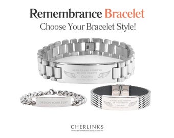 Personalized Memorial Bracelet Angel Wing Remembrance Gift Loss of Loved One "Always Forever in Our Hearts" Silver Engraved Custom Name Date