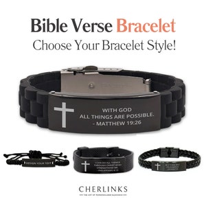 Personalized Bible Verse Bracelet Gift for Mens Womens Engraved Custom Black Bracelet | Scripture Bible Quote Christian Religious Cross Gift