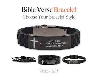 Personalized Bible Verse Bracelet Gift for Mens Womens Engraved Custom Black Bracelet | Scripture Bible Quote Christian Religious Cross Gift