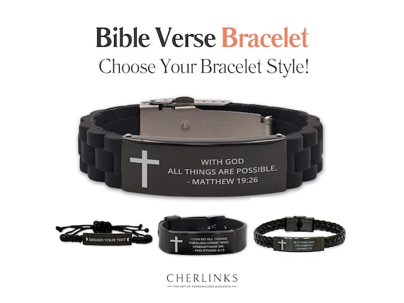 Personalized Bible Verse Bracelet Gift for Mens Womens Engraved Custom Black Bracelet | Scripture Bible Quote Christian Religious Cross Gift