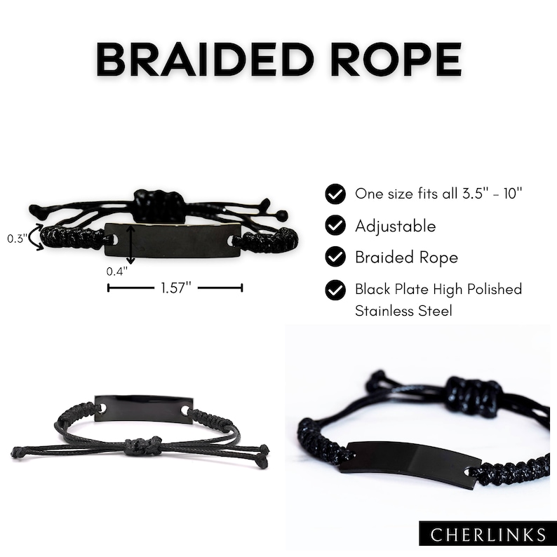 Op de afbeelding: Zwart gevlochten touw armband met een verstelbare lengte, met een zwarte roestvrijstalen plaat die 4 cm lang en 1 cm breed is. De armband is verstelbaar en past om polsen van 8,9 tot 25,4 cm.