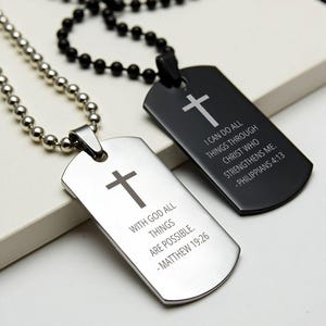 Personalized Bible Verse Dog Tag Necklace for Mens Womens Engraved Custom Pendant | Scripture Bible Quote Christian Religious Cross Gift