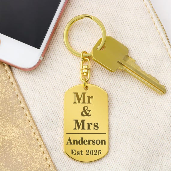 パーソナライズされたミスター＆ミセスゴールドドッグタグキーチェーン 