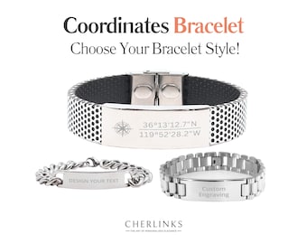 Personalized Coordinates Bracelet - Custom Engraved Compass GPS Location Coordinates Silver Bracelet for Girlfriend Boyfriend Couple Gift