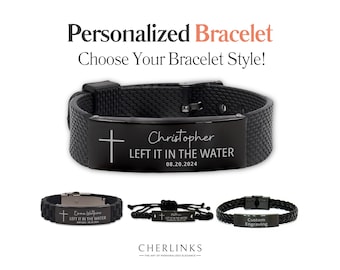 Personalized Black Bracelet "Left It In The Water" - Custom Engraved with Name and Date for Mens Womens Cross Quote Christian Religious Gift