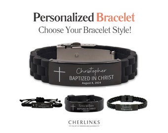 Personalized Baptism Bracelet - Custom Engraved with Name Date for Black Baptized In Christ Bracelet Cross Religious Gifts for Men Women