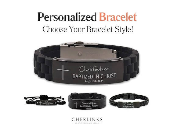 Personalized Baptism Bracelet - Custom Engraved with Name Date for Black Baptized In Christ Bracelet Cross Religious Gifts for Men Women