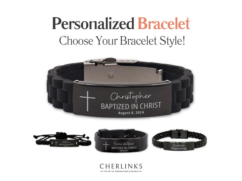K&ouml;nnte beinhalten: Schwarzes Silikonarmband mit einer schwarzen Metallplatte, die mit einem Kreuz, dem Namen Christopher, dem Text "Baptized in Christ" und dem Datum 8. August 2024 graviert ist. Unten sind drei weitere Armband-Stile abgebildet: ein schwarzes geflochtenes Armband, ein schwarzes Silikonarmband und ein schwarzes Lederarmband.