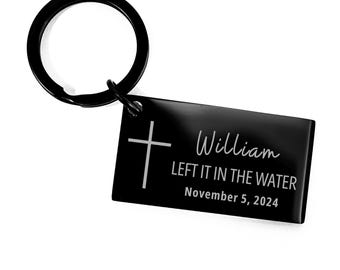Personalized Black Baptism Keychain Custom Name Date, Left It In The Water, Keyring Religious Gift Cross Religious Gift for Men Women