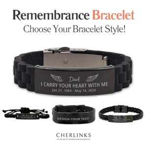 May include: Black silicone bracelet with a silver metal plate engraved with the text "Dad I CARRY YOUR HEART WITH ME Jan 31, 1969 - May 14, 2024".