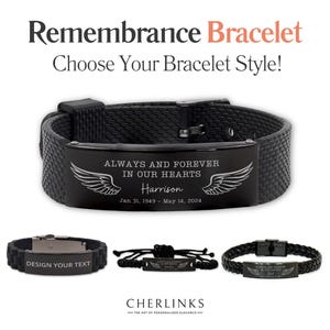 May include: Black remembrance bracelet with a silver plate engraved with the text "Always and Forever in Our Hearts Harrison Jan 31, 1949 - May 14, 2024" and a pair of wings.