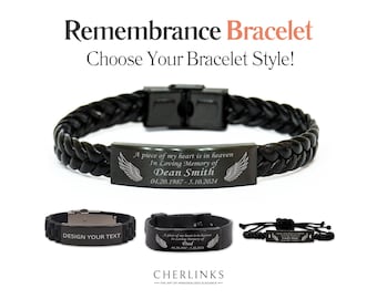 Personalized Remembrance Bracelet Angel Wing Sympathy Gift Loss of Mom Dad "A Piece Of My Heart Is In Heaven" Black Engrave Custom Name Date
