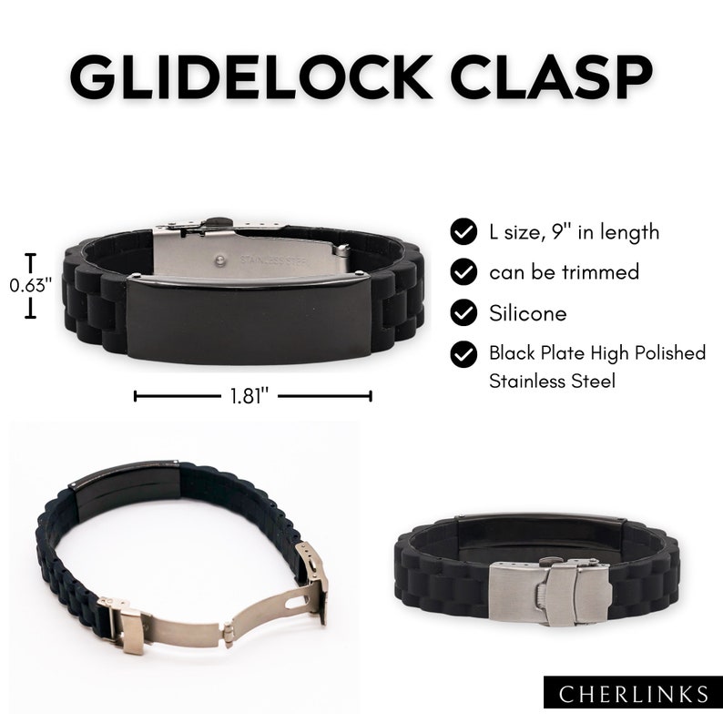 Op de afbeelding: Zwarte siliconen armband met een zwarte roestvrijstalen plaat en een zilveren glidelock sluiting. De armband is 9 inch lang en kan worden bijgesneden om te passen. De plaat is 1,81 inch lang en 0,63 inch breed.