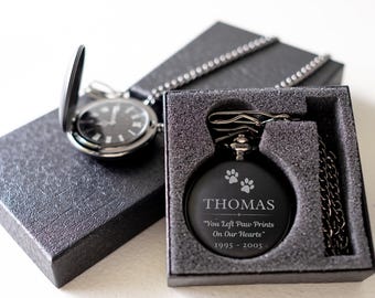 Personalized Pocket Watch for Pet Owners – "You Left Paw Prints On Our Hearts" Remembrance Memorial Gift for Dog Cat Lovers, Custom Engraved