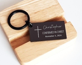 Personalized Black Keychain Custom Name Date, Confirmed In Christ Keyring Religious Keepsake Cross Religious Confirmation Gift for Men Women
