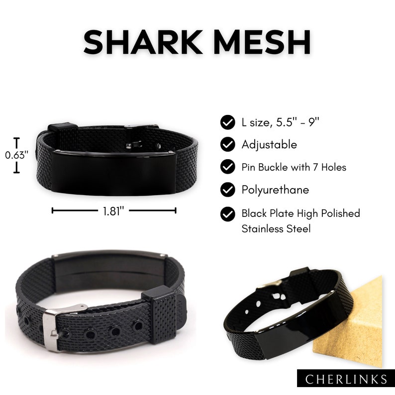 Op de afbeelding: Zwarte haaiengaas armband met een zwarte roestvrijstalen plaat. De armband is verstelbaar en heeft een gespsluiting met 7 gaten. De armband is 5,5 tot 9 inch lang.