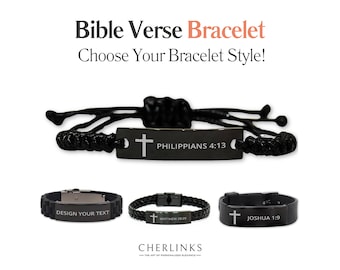 Personalized Bible Verse Bracelet Custom Black Bracelet for Mens Womens Engraved Cross Bracelet | Bible Quote Christian Religious Gift