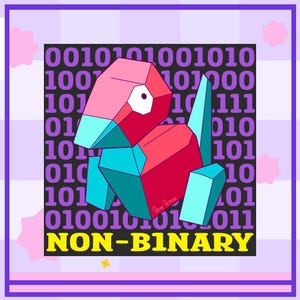 May include: A digital art print featuring a geometric, polygonal character in red, pink, and teal. The background has binary code and the text "NON-BINARY" in yellow. The artwork is framed with a purple border.