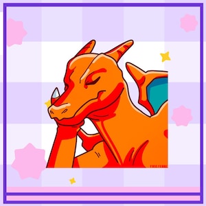 May include: An orange and red cartoon illustration of a Charizard, a dragon-like Pokémon, with its head resting on its hand. The image is set against a checkered background with pink stars and a purple border.