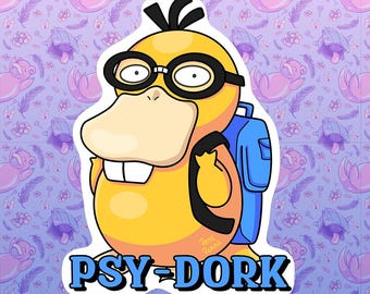 Psyduck - Psy-dork - 3-calowa wodoodporna błyszcząca naklejka - zabawna naklejka, kujonowata, głupkowata