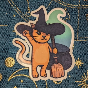 Witchy Cat 3 Zoll Wasserdichter Aufkleber - Meowgical Kitty, Hexe, Kessel, Coven